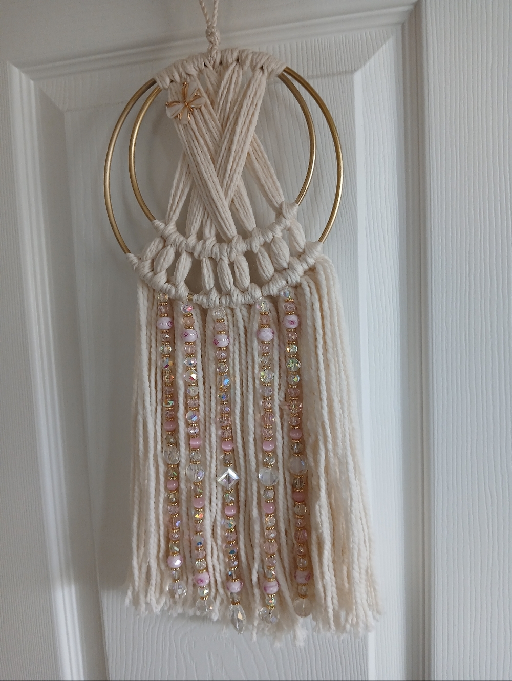 Handmade Cream Macrame Wall Hanging with Gold Hoops & Pink Beads Dream Catcher